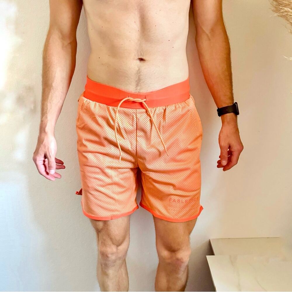 NEW MENS FABLETICS Peach Orange Sheer Mesh Gym Basketball Shorts Tie Pockets S